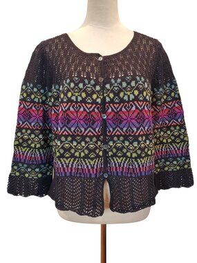 Peruvian Connection Fair Isle Cardigan Sweater 100% Pima Cotton Black Multi SZ L
